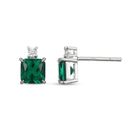 Asscher-Cut Lab-Created Emerald and 1/10 CT. T.W. Certified Lab-Grown Diamond Stud Earrings in Sterling Silver