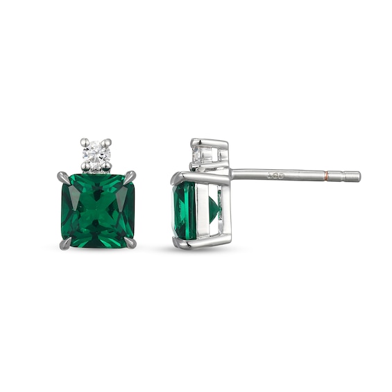 Asscher-Cut Lab-Created Emerald and 1/10 CT. T.w. Certified Lab-Grown Diamond Stud Earrings in Sterling Silver