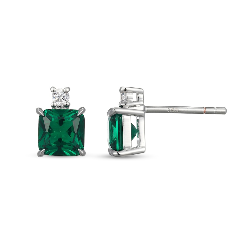 Main Image 1 of Asscher-Cut Lab-Created Emerald and 1/10 CT. T.W. Certified Lab-Grown Diamond Stud Earrings in Sterling Silver