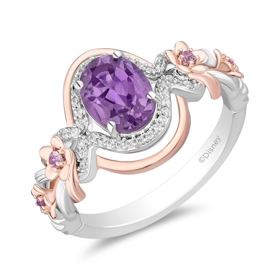 Enchanted Disney Rapunzel Oval Amethyst and 1/10 CT. T.w. Diamond Floral Shank Ring in Sterling Silver and Rose Gold