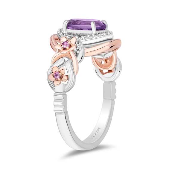 Enchanted Disney Rapunzel Oval Amethyst and 1/10 CT. T.w. Diamond Floral Shank Ring in Sterling Silver and Rose Gold