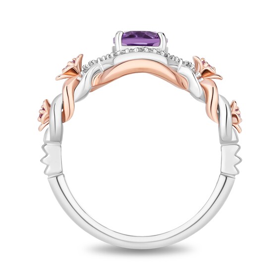 Enchanted Disney Rapunzel Oval Amethyst and 1/10 CT. T.w. Diamond Floral Shank Ring in Sterling Silver and Rose Gold