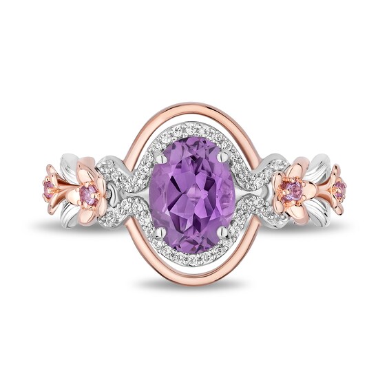 Enchanted Disney Rapunzel Oval Amethyst and 1/10 CT. T.w. Diamond Floral Shank Ring in Sterling Silver and Rose Gold
