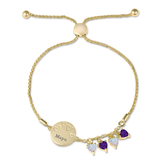 4.0mm Heart-Shaped Birthstone Charm with Engravable Disc Bolo Bracelet (1-4 Stones and 1 Line) - 8.5"