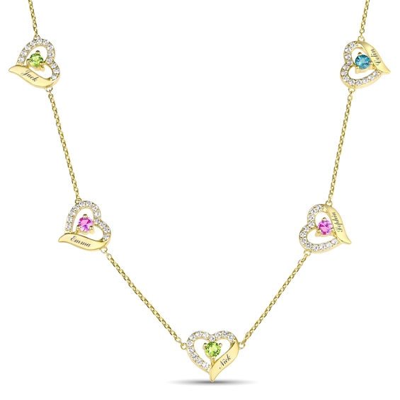Birthstone and White Lab-Created Sapphire Engravable Heart Station Necklace (5 Stones and Lines)