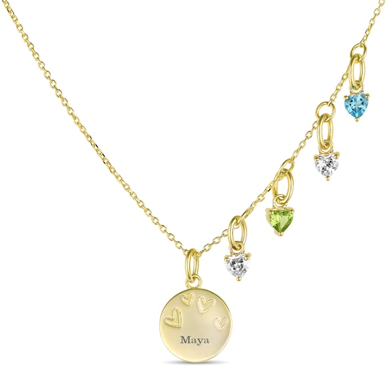 4.0mm Heart-Shaped Birthstone Charm with Engravable Disc Necklace (1-4 Stones and 1 Line)