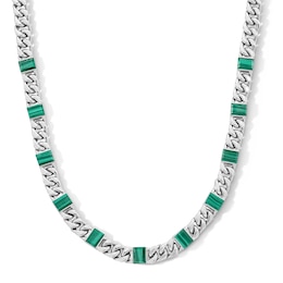 Step-Cut Malachite Baguette and Curb Chain Station Necklace in Hollow Sterling Silver - 20”