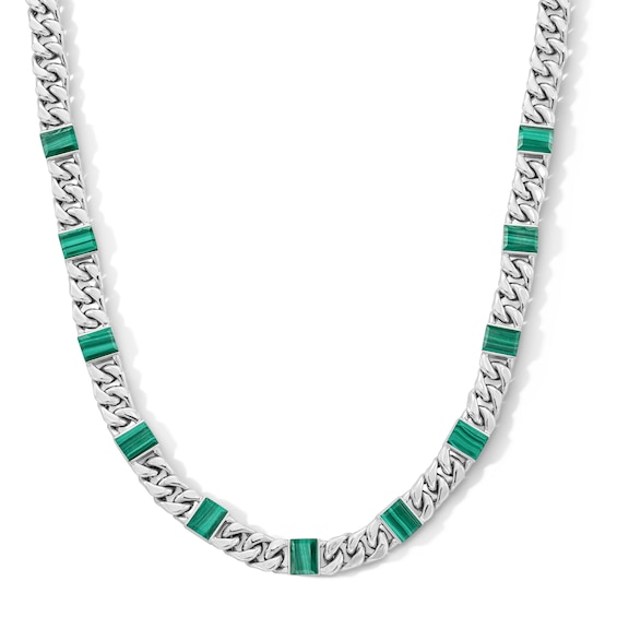 Step-Cut Malachite Baguette and Curb Chain Station Necklace in Hollow Sterling Silver - 20â