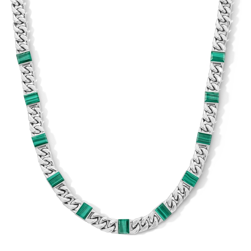 Main Image 1 of Step-Cut Malachite Baguette and Curb Chain Station Necklace in Hollow Sterling Silver - 20”