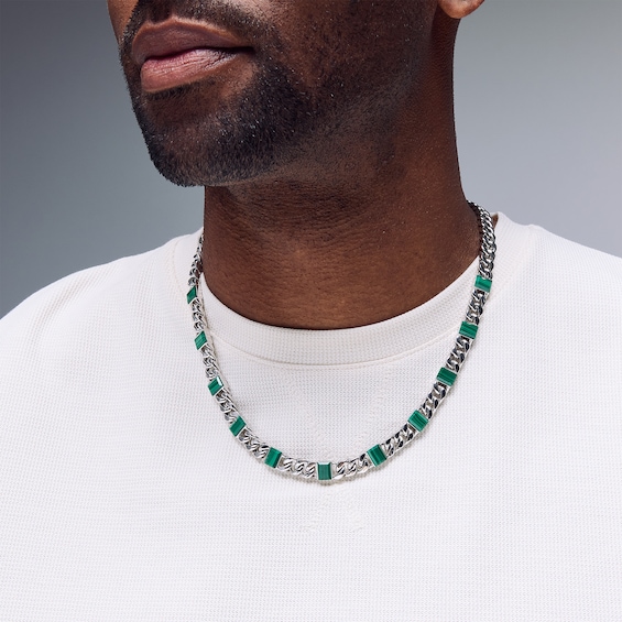 Step-Cut Malachite Baguette and Curb Chain Station Necklace in Hollow Sterling Silver - 20â