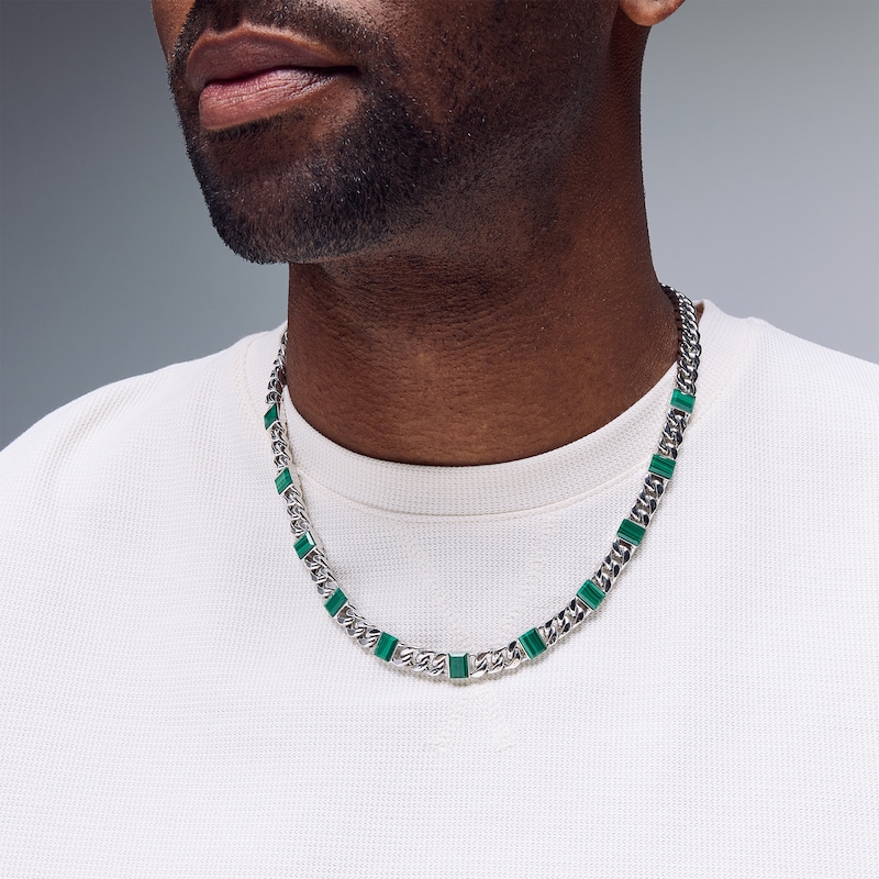 Main Image 2 of Step-Cut Malachite Baguette and Curb Chain Station Necklace in Hollow Sterling Silver - 20”