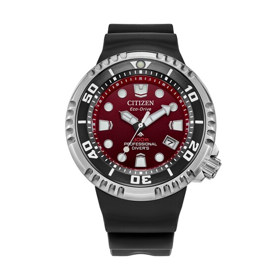Men's Citizen Eco-DriveÂ® Promaster Professional Diver Black Strap Watch with Red Dial (Model: Bn1024-01Z)