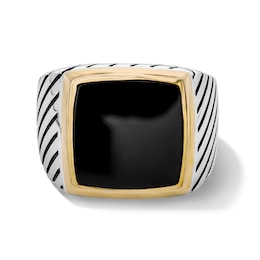 Cushion-Shaped Black Onyx Signet Ring in Sterling Silver and 14K Gold