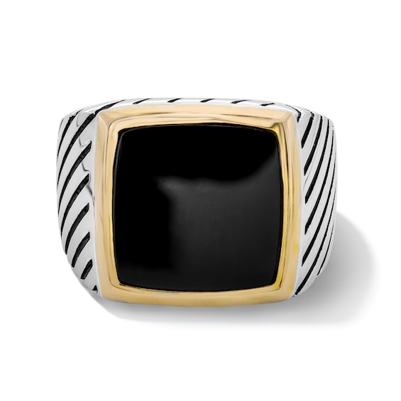 Cushion-Shaped Black Onyx Signet Ring in Sterling Silver and 14K Gold