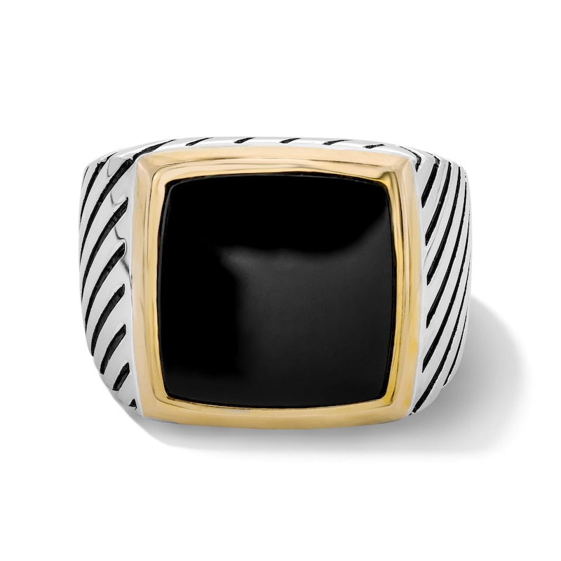 Main Image 1 of Cushion-Shaped Black Onyx Signet Ring in Sterling Silver and 14K Gold