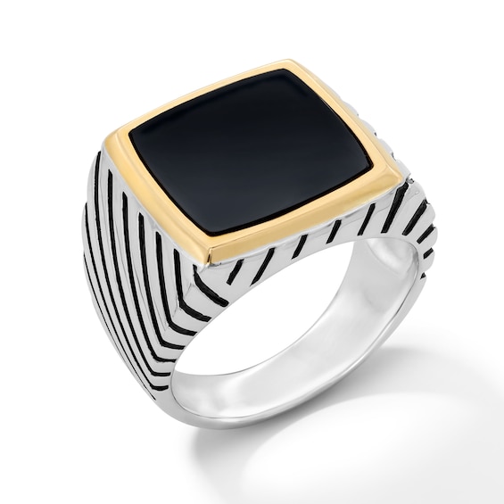 Cushion-Shaped Black Onyx Signet Ring in Sterling Silver and 14K Gold