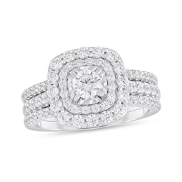 1-1/5 CT. T.W. Diamond Double Cushion Frame Three Piece Bridal Set in 10K White Gold