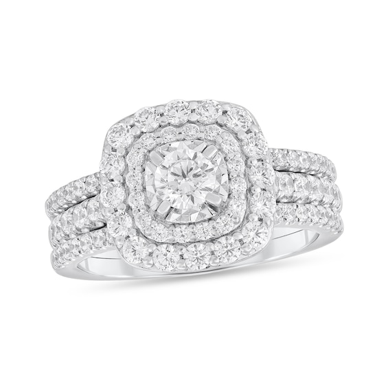 1-1/5 CT. T.w. Diamond Double Cushion Frame Three Piece Bridal Set in 10K White Gold