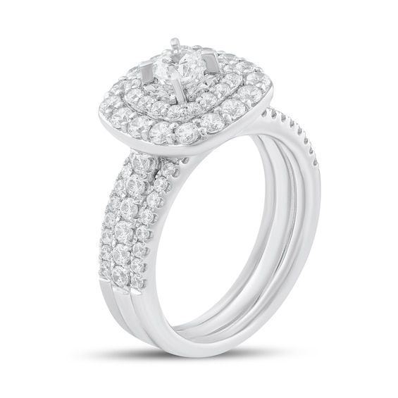 1-1/5 CT. T.w. Diamond Double Cushion Frame Three Piece Bridal Set in 10K White Gold