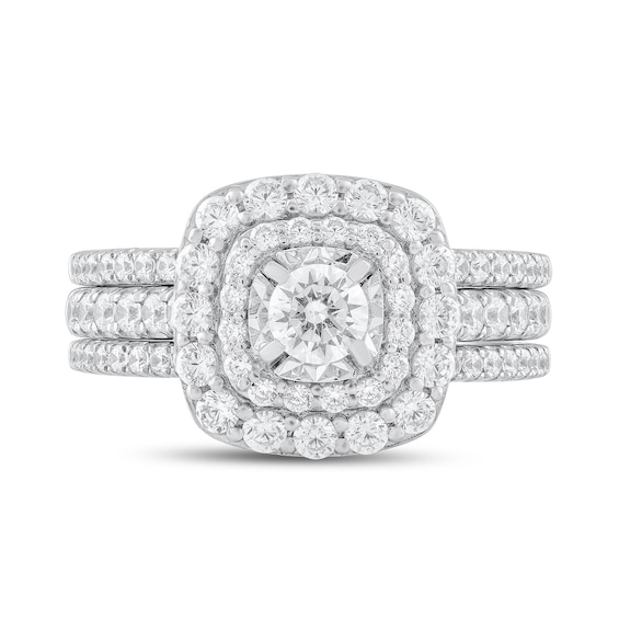 1-1/5 CT. T.w. Diamond Double Cushion Frame Three Piece Bridal Set in 10K White Gold