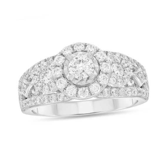 7/8 CT. T.w. Diamond Frame Three Stone Split Shank Engagement Ring in 14K White Gold