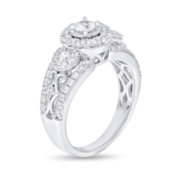 7/8 CT. T.w. Diamond Frame Three Stone Split Shank Engagement Ring in 14K White Gold
