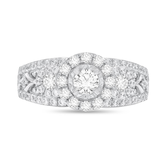 7/8 CT. T.w. Diamond Frame Three Stone Split Shank Engagement Ring in 14K White Gold