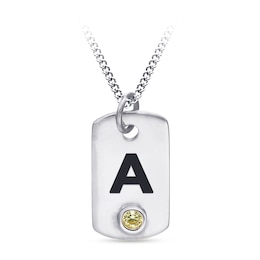 Etched Initial and Gemstone Dog Tag Pendant (1 Initial and Stone) - 17”