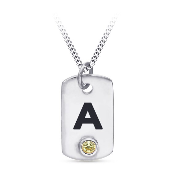 Etched Initial and Gemstone Dog Tag Pendant (1 Initial and Stone) - 17â