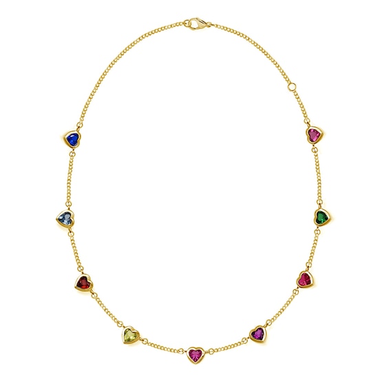 Family Heart-Shaped Gemstone Station Necklace (1-9 Stones) - 17"