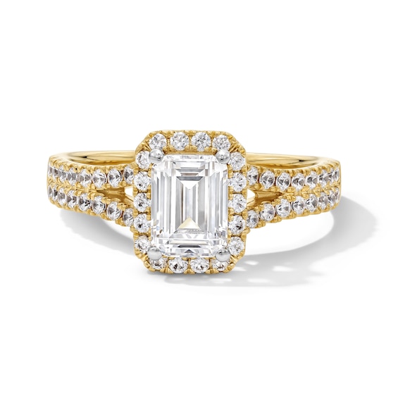 1-3/8 CT. T.w. Emerald-Cut Certified Lab-Grown Diamond Frame Split Shank Engagement Ring in 14K Gold (F/Vs2)