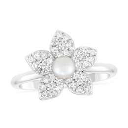 4.0mm Freshwater Cultured Pearl and White Lab- Created Sapphire Floral Ring in Sterling Silver