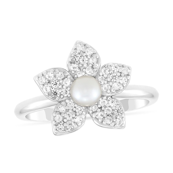 4.0mm Freshwater Cultured Pearl and White Lab- Created Sapphire Floral Ring in Sterling Silver