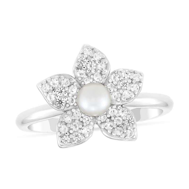 Main Image 1 of 4.0mm Freshwater Cultured Pearl and White Lab- Created Sapphire Floral Ring in Sterling Silver