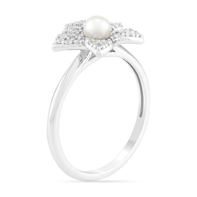 Main Image 2 of 4.0mm Freshwater Cultured Pearl and White Lab- Created Sapphire Floral Ring in Sterling Silver