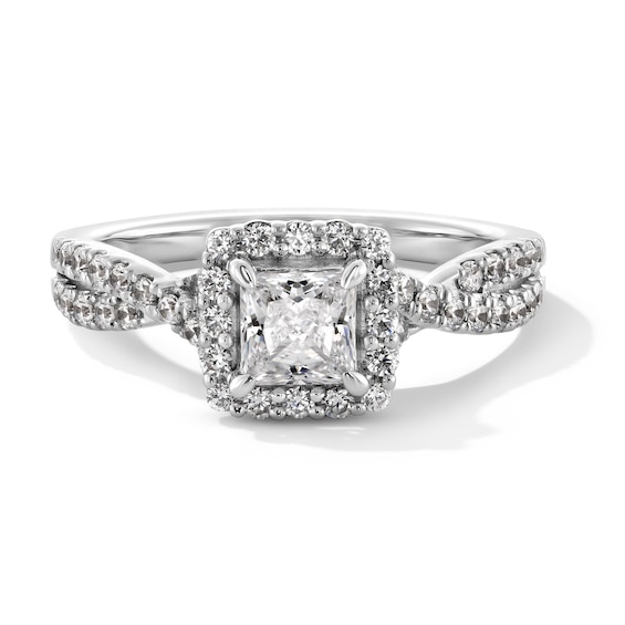 1 CT. T.w. Princess-Cut Certified Lab-Grown Diamond Cushion Frame Crossover Shank Engagement Ring in 14K White Gold