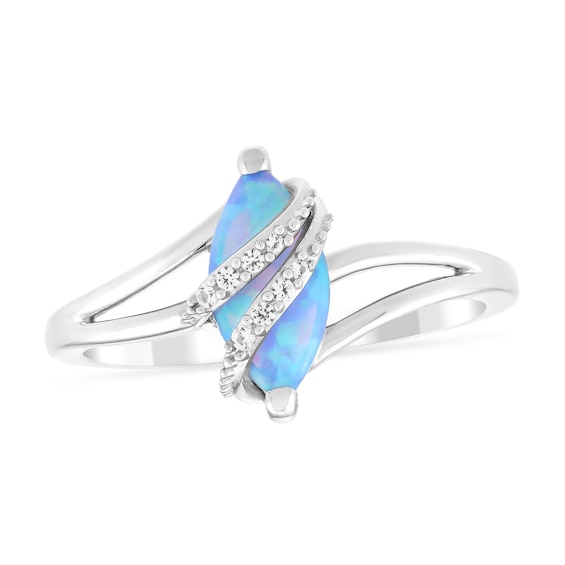Marquise Blue Lab-Created Opal and White Lab-Created Sapphire Ring in Sterling Silver
