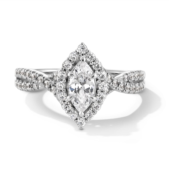 1 CT. T.w. Marquise-Cut Certified Lab-Grown Diamond Frame Crossover Shank Engagement Ring in 14K White Gold (F/Si2)