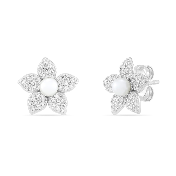 3.0mm Freshwater Cultured Pearl and White Lab-Created Sapphire Stud Earrings in Sterling Silver