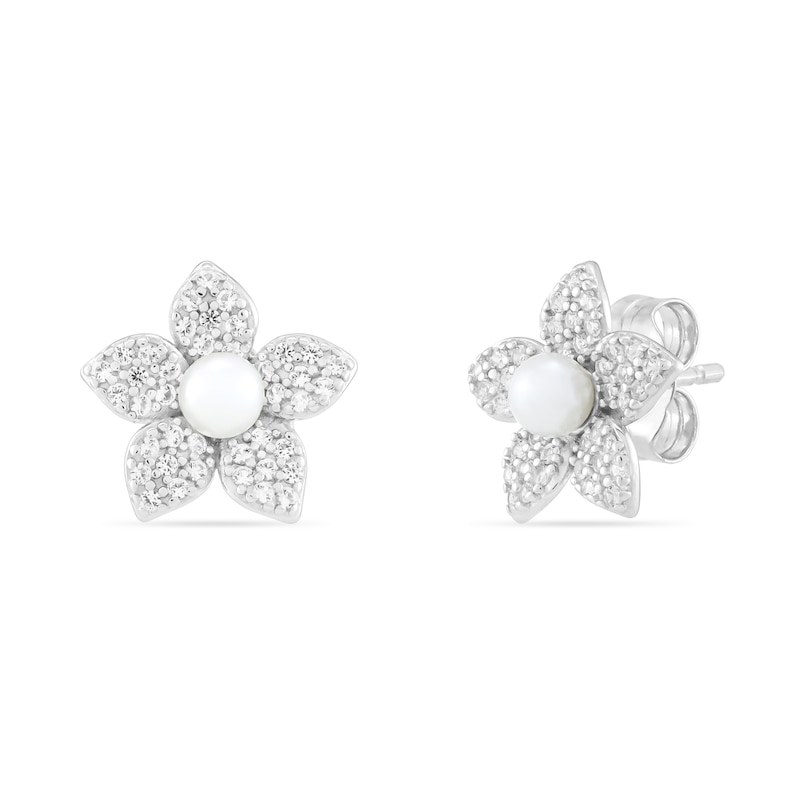 Main Image 1 of 3.0mm Freshwater Cultured Pearl and White Lab-Created Sapphire Stud Earrings in Sterling Silver