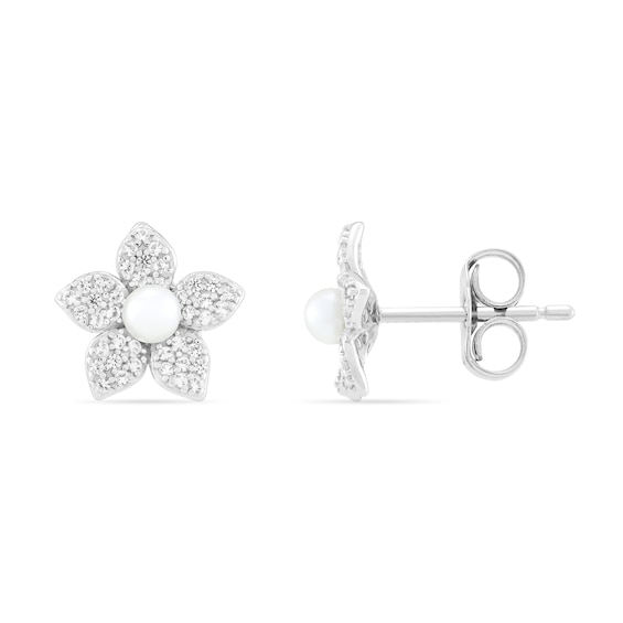 3.0mm Freshwater Cultured Pearl and White Lab-Created Sapphire Stud Earrings in Sterling Silver