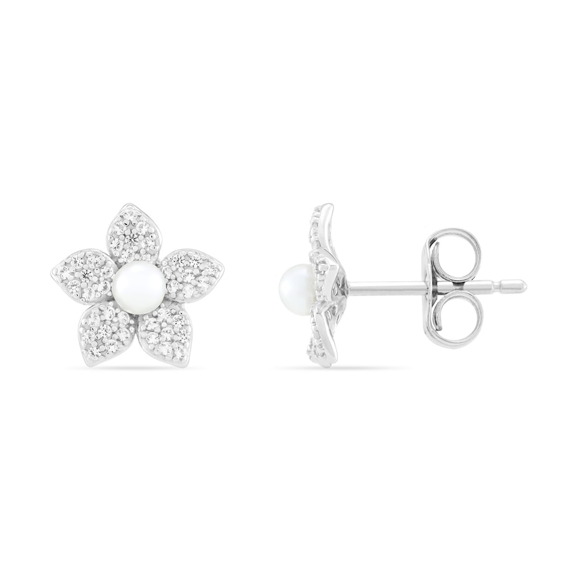 Main Image 2 of 3.0mm Freshwater Cultured Pearl and White Lab-Created Sapphire Stud Earrings in Sterling Silver