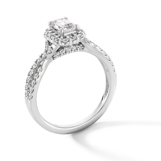 1 CT. T.w. Emerald-Cut Certified Lab-Grown Diamond Frame Crossover Shank Engagement Ring in 14K White Gold (F/Si2)