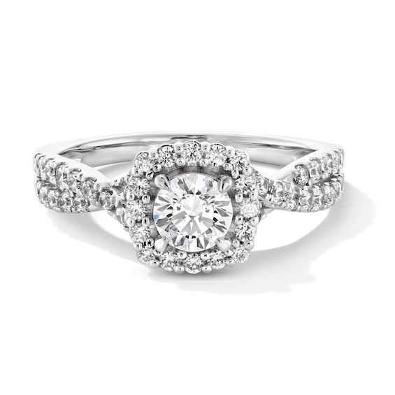1 CT. T.w. Certified Lab-Grown Diamond Cushion Frame Crossover Shank Engagement Ring in 14K White Gold (F/Si2)