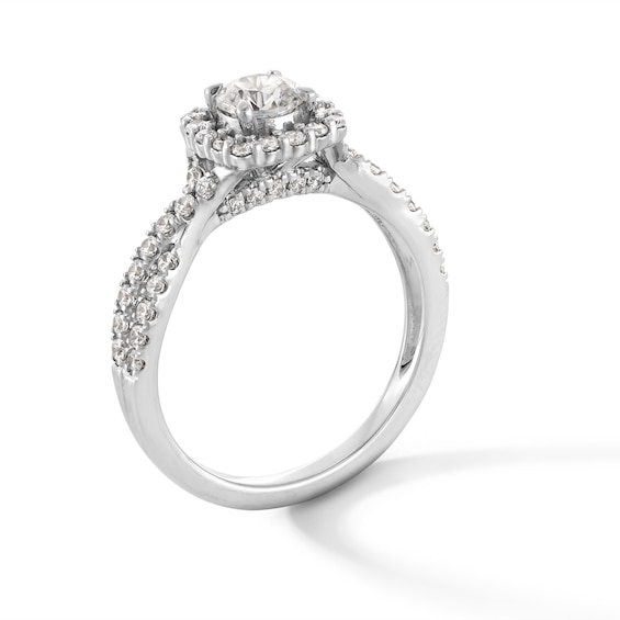 1 CT. T.w. Certified Lab-Grown Diamond Cushion Frame Crossover Shank Engagement Ring in 14K White Gold (F/Si2)