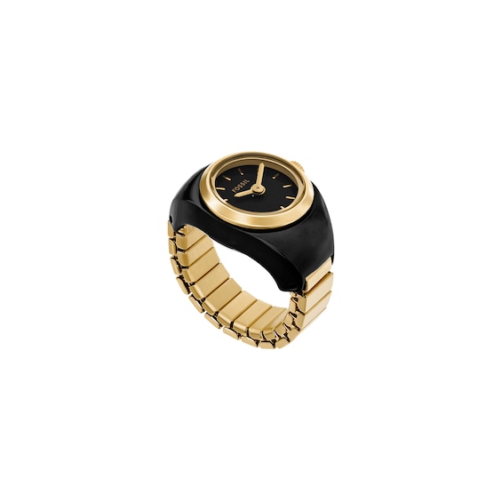 Ladiesâ Fossil Gold-Tone IP Black Enamel Ring Watch with Black Dial (Model: Es5413)