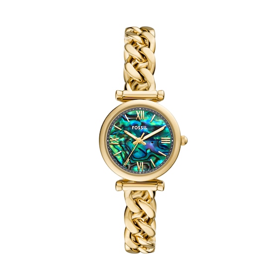 Ladiesâ Fossil Carlie Gold-Tone IP Chain Bracelet Watch with Abalone Dial (Model: Es5416)