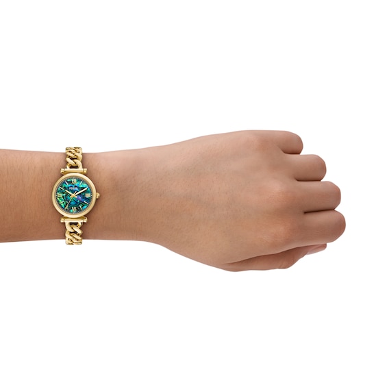 Ladiesâ Fossil Carlie Gold-Tone IP Chain Bracelet Watch with Abalone Dial (Model: Es5416)