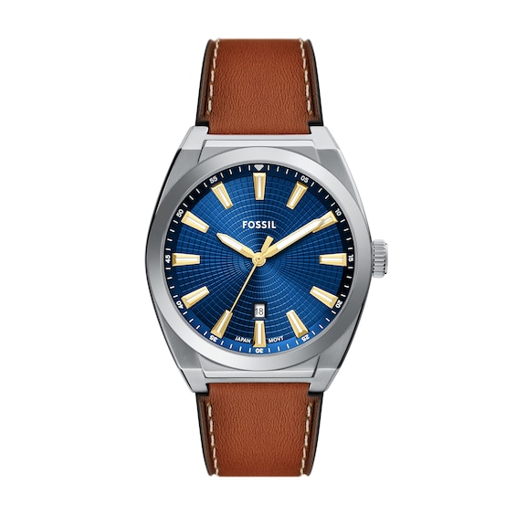 Men's Fossil Everett Brown Leather Strap Watch with Textured Blue Dial (Model: Fs6115)