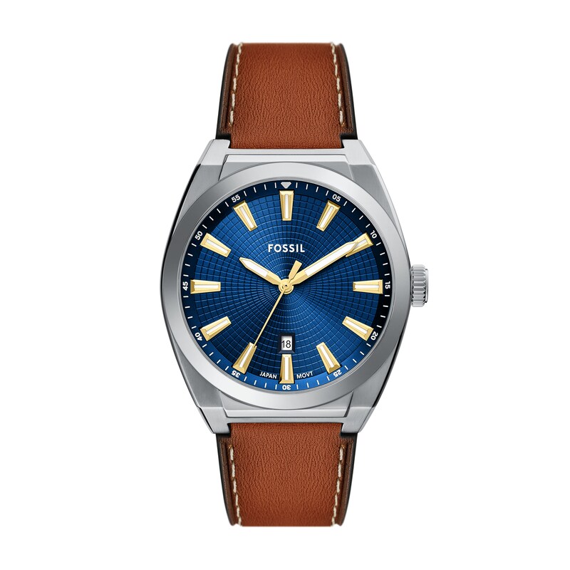 Main Image 1 of Men's Fossil Everett Brown Leather Strap Watch with Textured Blue Dial (Model: FS6115)